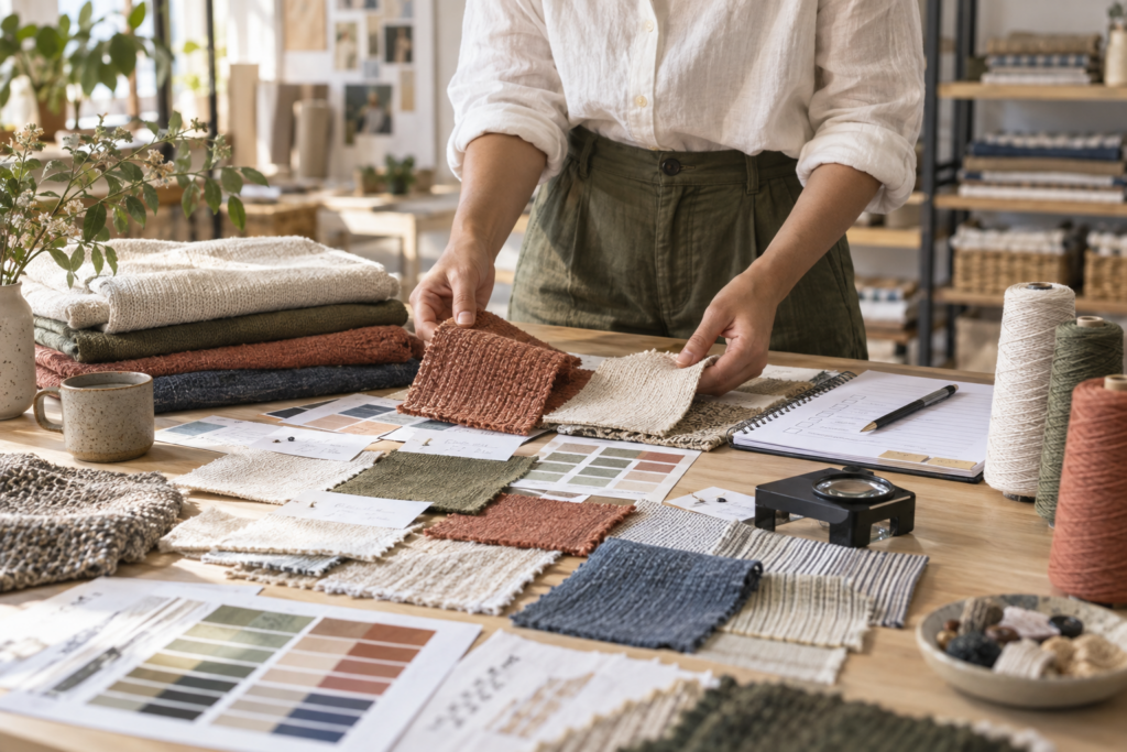 Fabric sourcing evaluation with material swatches and supplier comparison notes