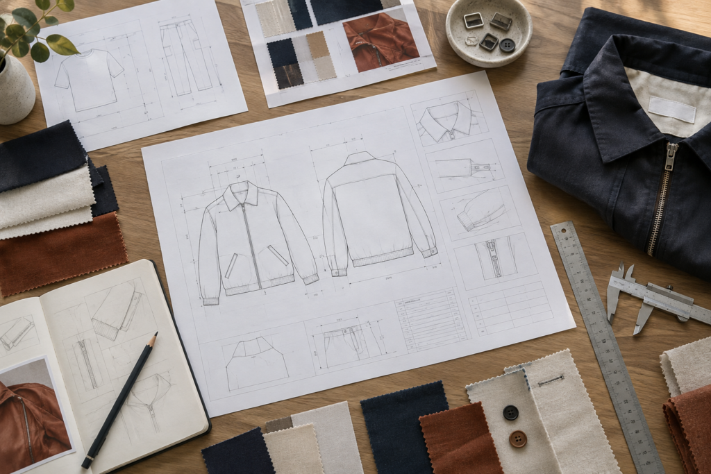 Professional apparel tech pack showing garment specifications, measurements and production details